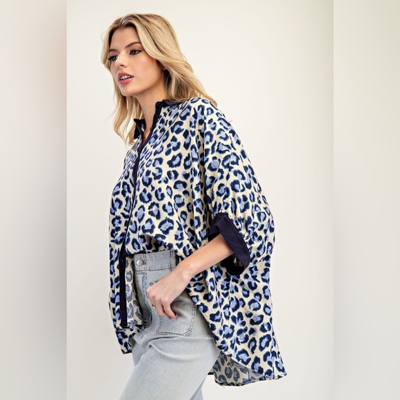 Leopard Print Dolman Sleeve Button Down Blouse - eesome - Picture 3 of 5
